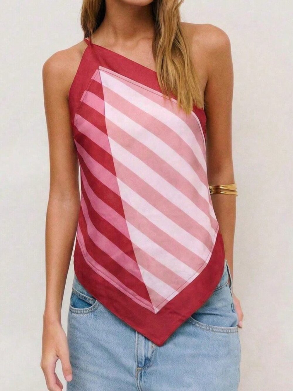 Pink Casual Women's Striped Halter Top with Adjustable Straps and Back Bow Tie